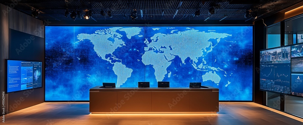 Poster modern control room with a world map display and data screens.