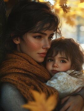 Woman holds child under tree