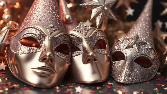 A close-up of New Year’s Eve party decorations, including glittery masks, horns, and star confetti.