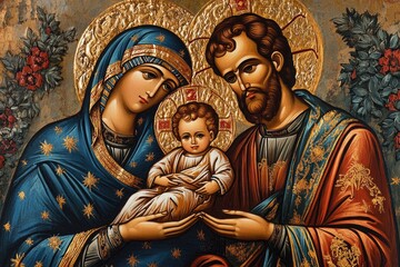 Devotional in essence - icon of the Holy Family with Saint Mary, Joseph, baby Jesus Christ, symbolizing Christmas blessings, Easter joy, fasting observance, spiritual depth, sacred unity. © Ирина Батюк