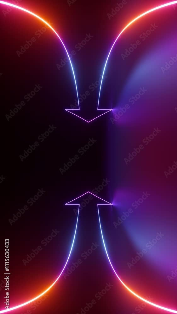 Poster looping 3d animation. glowing neon arrows changing color, linear sign. abstract minimalist geometric