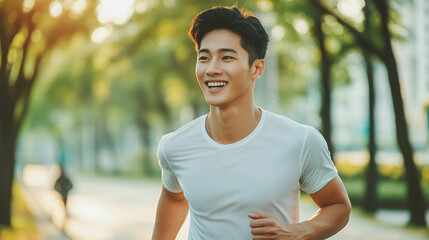 Young Asian man enjoying a joyful jog in a serene park during a sunny morning. Generative AI