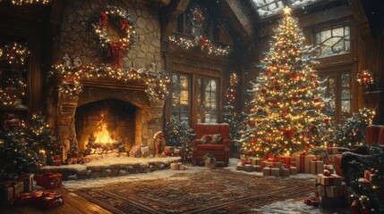 Fototapeta premium Cozy Christmas Living Room with Fireplace and Festive Decorations
