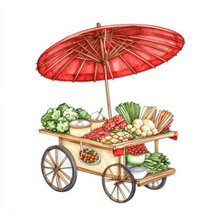 Fresh vegetables and fruits displayed on street vendor cart under red umbrella