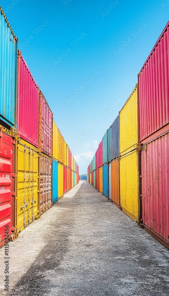 Poster rows of colorful intermodal shipping containers stretch into the distance in open yard