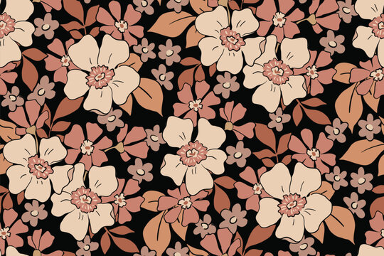 Seamless floral pattern, abstract ditsy print in retro motif. Beautiful botanical design in brown autumn colors: large hand drawn daisy flowers, small leaves on dark field. Vector illustration.