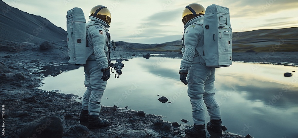 Poster two astronauts exploring a desolate landscape by a reflective pool.