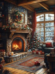 Obraz premium Cozy Christmas Living Room with Fireplace and Festive Decorations