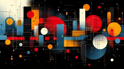 Abstract geometric artwork with vibrant colors and interconnected shapes.