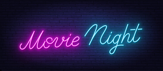 Movie Night Neon Sign on brick wall background