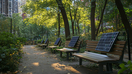 Fototapeta premium An urban park with solar-powered benches providing charging stations for smartphones and other devices, encouraging green living.