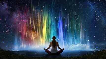 Obraz premium Woman Meditating with Celestial Lights