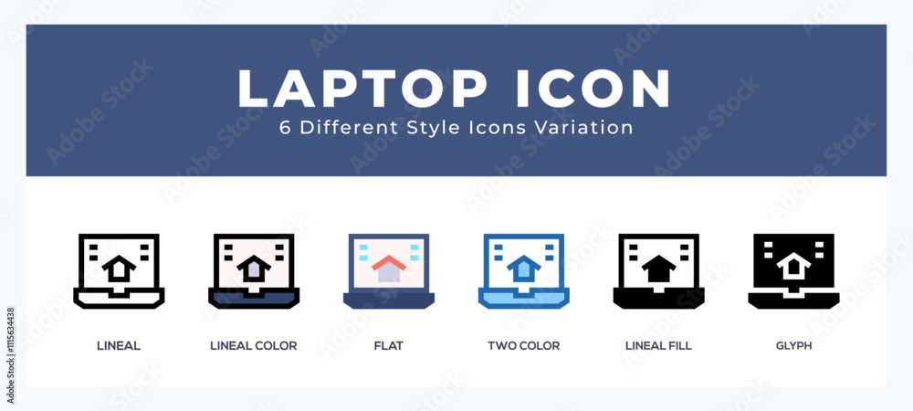 Poster laptop icon set with different styles. icons designed in filled. outline. flat. glyph and line color