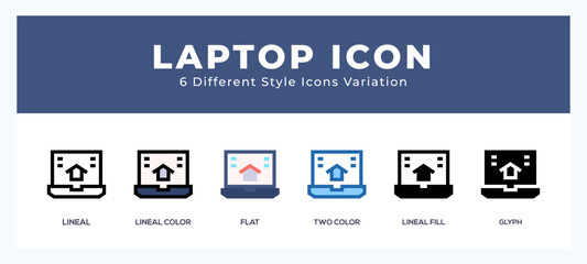Laptop icon set with different styles. Icons designed in filled. outline. flat. glyph and line colored.