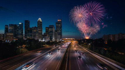 Fototapeta premium a view of cityscape during a vibrant fireworks 