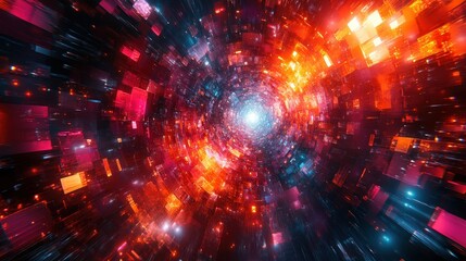 Obraz premium Abstract digital vortex with luminous particles reminiscent of cosmic energy swirling in vibrant shades of red, orange, and blue, creating a mesmerizing background