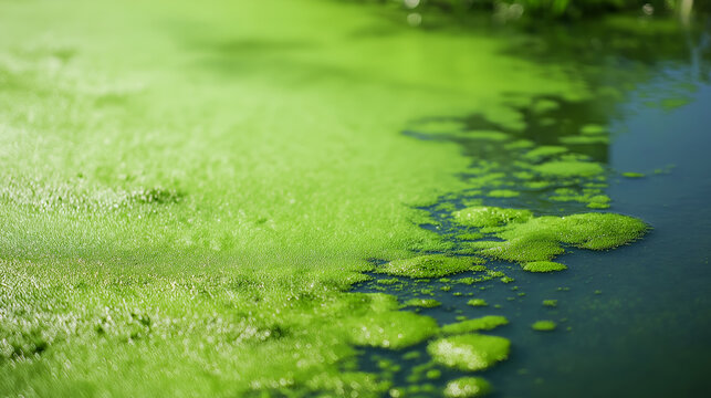 Close up green algae growing on the water surface.