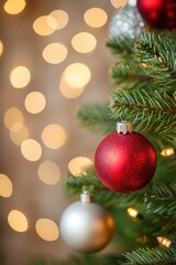 Fototapeta premium Festive Christmas Tree with Ornaments and Blurred Lights