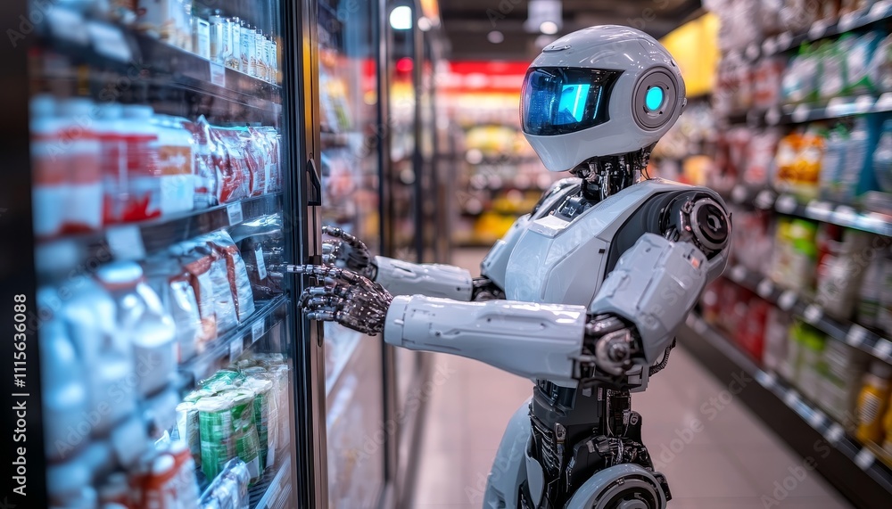Poster robot assistant in supermarket providing efficient service in a modern retail environment.
