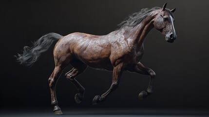Obraz premium A dynamic image of a beautiful horse in mid-gallop, showcasing its strength and grace against a dramatic background.