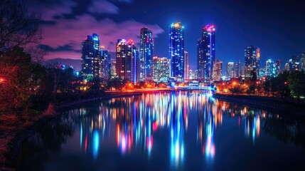Night cityscape reflected in calm water.