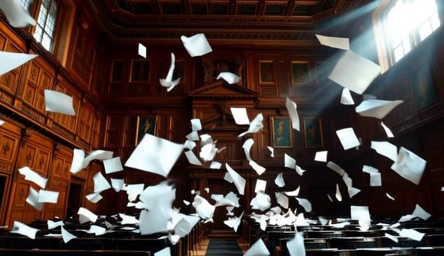 Grand courtroom interior featuring floating documents