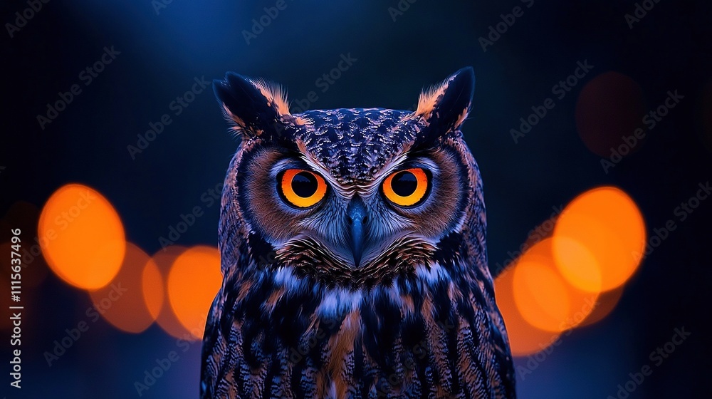 Poster a sharp focus on an owl's face with a blurred background and bokeh-style lighting