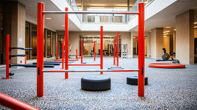 Calisthenics zone with parallel bars, dip stations, and ab wheels.