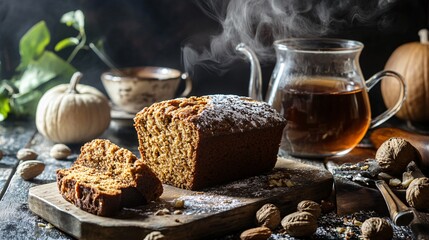 Fototapeta premium Rustic kitchen scene with pumpkin nut bread, freshly grated nutmeg, and a steaming cup of tea