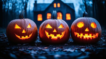 Fototapeta premium Halloween atmosphere with glowing pumpkins and a haunted house surrounded by a dark forest creating an ominous and spooky backdrop for Halloween event banners