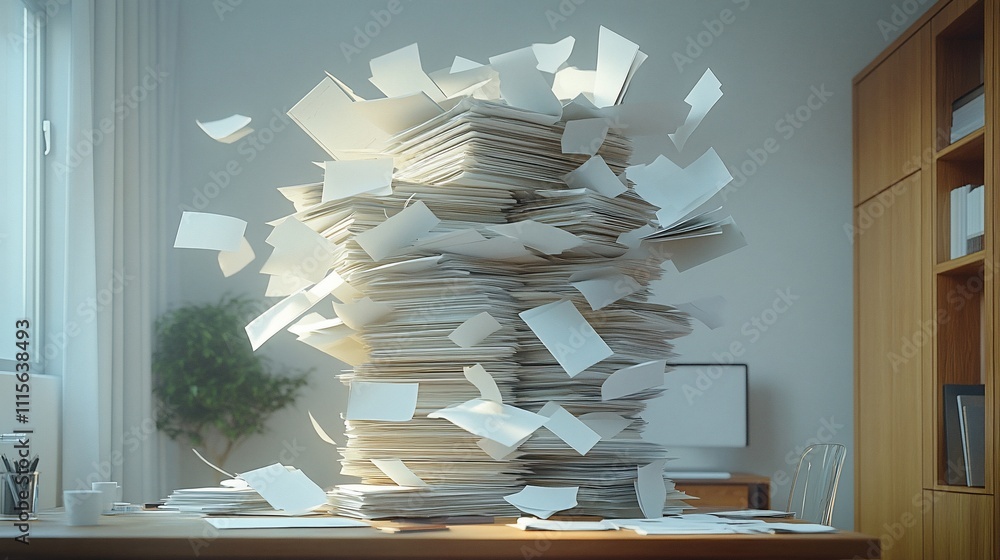 Poster a chaotic stack of papers in a cluttered office setting.