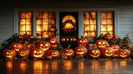 Obraz premium Creepy Halloween background featuring glowing pumpkins and a haunted house surrounded by a spooky dark forest creating a mysterious vibe for holiday event banners