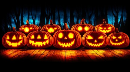 Haunted Halloween scene with glowing evil pumpkins and a spooky forest backdrop ideal for Halloween holiday banners and spooky event design concepts