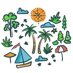 Isolated seamless pattern pack set with trees palm trees and boats and clouds and umbrellas and stars and sun summer background white background  hand drawn 