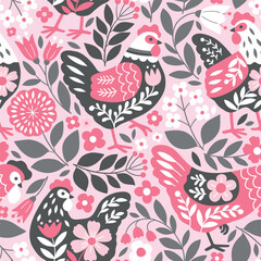 Fototapeta premium Seamless vector pattern with Scandinavian floral hen and summer flowers. Hand drawn floral background with chickens. Perfect for textile, wallpaper or nursery print design. EPS10 vector file.