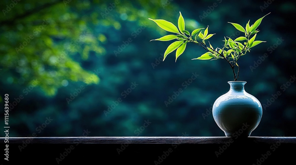 Poster a vase with a plant sits on a table in front of a window with a lush forest background