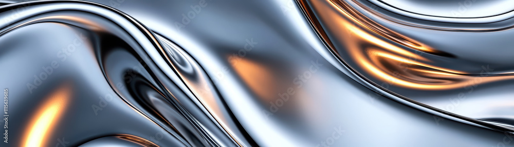 Poster shiny metallic surface with rippled silver and bronze tones, creating dynamic visual effect