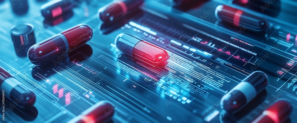 Poster a digital representation of capsules with data overlays.