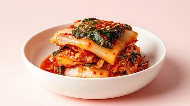 Korean kimchi in a simple white bowl on a pink background