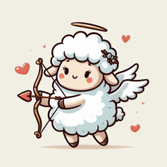 Fototapeta premium Illustration of cupid with wings for Valentine's day. A cute sheep with angel wings holds a bow and arrow. Childlike cartoon art style