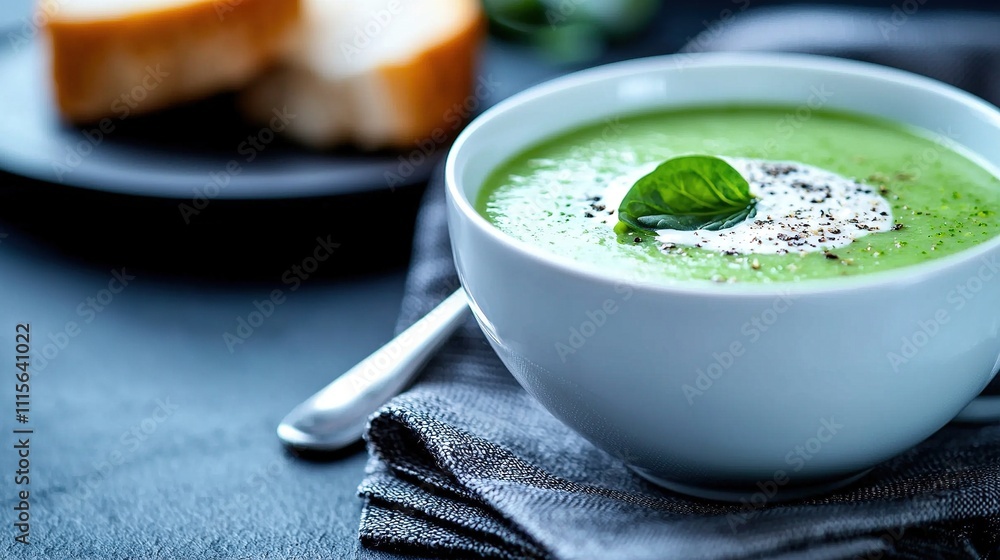 Poster a zoomed-in picture of a bowl of soup resting on a table, alongside a slice of bread placed on a sep