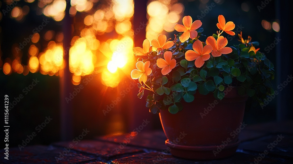 Poster a zoomed-in photo of a plant container placed on a table, with sunlight filtering through the branch