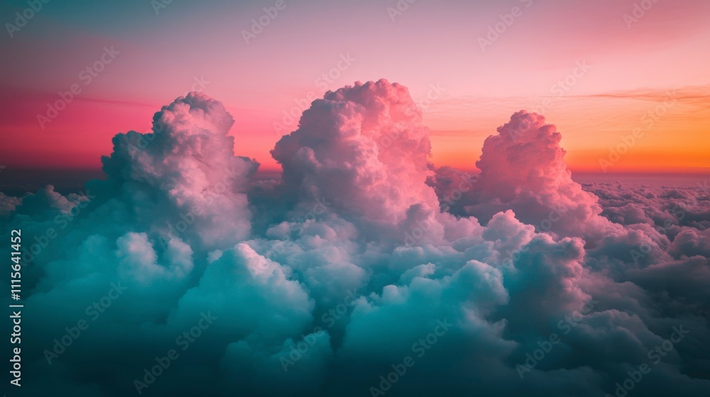 Poster a tranquil sky with fluffy cumulus clouds floating gently across the horizon creating a calming and 