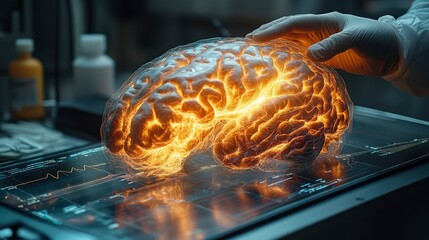 Advanced Neural Imaging Technology Shows Glowing Brain Model on Digital Interface