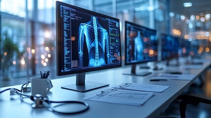 Naklejka premium Modern Medical Workstation with Digital X-ray Display and Professional Documentation Setup