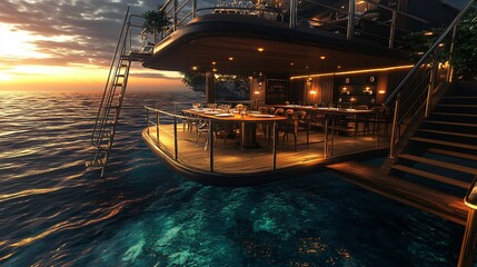 A luxurious dining area on a floating structure at sunset over tranquil waters.