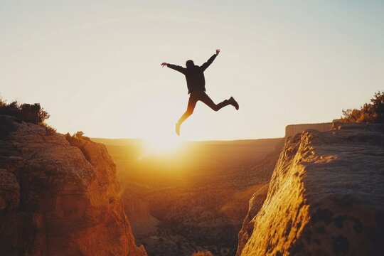 A man jumping over the chasm between two cliffs at sunset - Powered by Adobe
