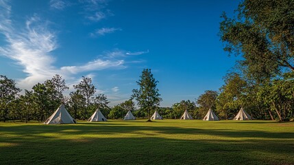 Obraz premium A peaceful camping scene with a tent set up on a lush green meadow, surrounded by nature. The campsite offers a serene escape, perfect for outdoor enthusiasts looking to enjoy a quiet and relaxing nig