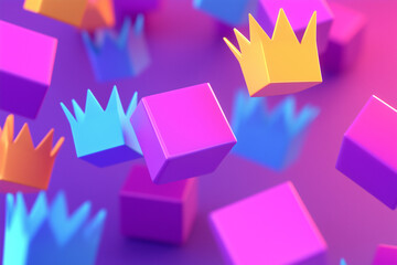 colorful 3D illustration of colorful crowns floating amidst geometric shapes, representing royalty, leadership, and achievement.