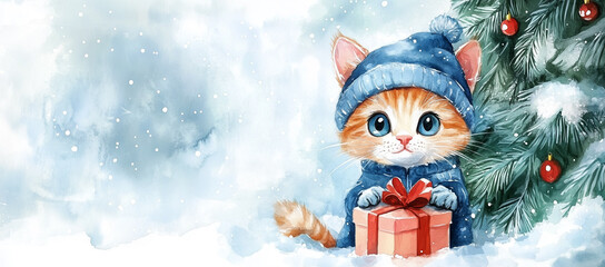 watercolor painting of a cute kitten wearing a cozy blue hat and mittens, holding a wrapped Christmas gift.